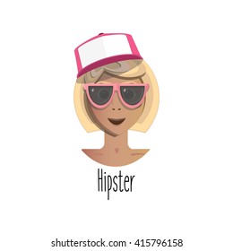 Poster or banner, background or logo of a hipster girl or woman in glasses and cap. Vector illustration.