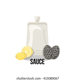 Poster, banner, background or logo of sauce or mayonnaise. Vector illustration. 