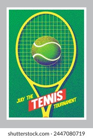 Poster, banner, background for tennis competitions, interior poster for a tennis court. Green color with the image of a ball and racket