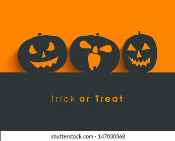 Poster, banner or background for Trick or Treat Halloween Party with scary pumpkins.