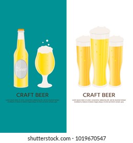 Poster or  banner with beer bottle, mugs, glasses. Vector icon with alcoholic beverages. Wheat  lager, craft ale