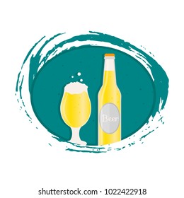 Poster or  banner with beer bottle, mugs, glasses. Vector icon with alcoholic beverages. Wheat  lager