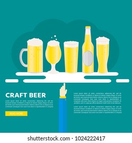 Poster or  banner with beer bottle, mugs, glasses. Vector icon with alcoholic beverages. Wheat  lager, craft ale