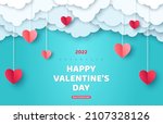 Poster or banner with blue sky and paper cut clouds. Place for text. Happy Valentine