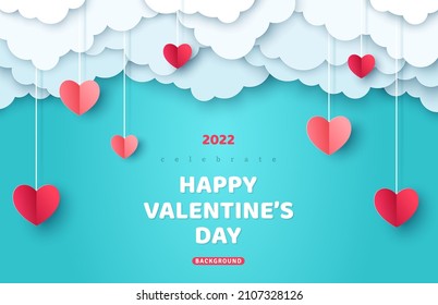 Poster or banner with blue sky and paper cut clouds. Place for text. Happy Valentine's day sale header or voucher template with hanging hearts.