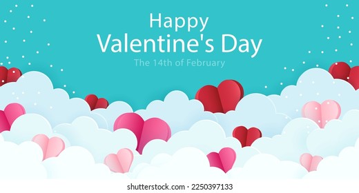 Poster or banner with blue sky and paper cut clouds with paper hearts. Valentine's Day. Vector