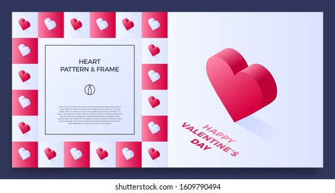 Poster, banner or card Frame Border with love isometric heart pattern. Square Geometric Shape. Decorative romantic Vector Illustration. Isometric love Design with copy space for text.