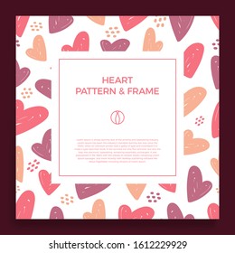Poster, banner or card Frame Border with love hand draw trendy color heart pattern. Square Geometric Shape. Decorative romantic Vector Illustration. Heart Design with copy space for text