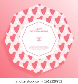 Poster, banner or card Frame Border with love hand draw trendy color heart pattern. Hexagon Geometric Shape. Decorative romantic Vector Illustration. Heart Design with copy space for text