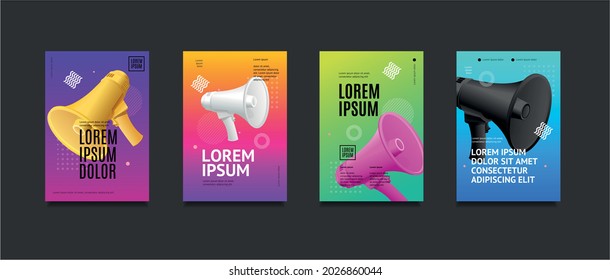 Poster Banner Card with Realistic Detailed 3d Megaphone and Abstract Memphis Style Elements Set. Vector illustration of Posters Templates and Equipment for Promotion