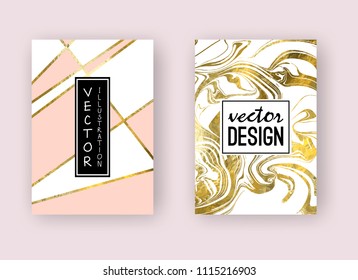 Poster, banner, cards design with gold marble texture and geometric pattern vector design template set