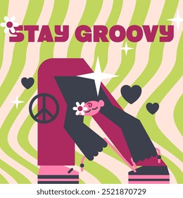 Póster “Stay groove”. Un Anuncio con un personaje. Arte con la Imagen de una chica hippie. Conjunto de Elementos de Vector en un tema de surco.