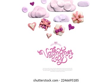 Poster or banner with clouds, gift boxes and plasticine hearts on a light pink background. valentine's day concept. 3D illustration, cute dough shape.