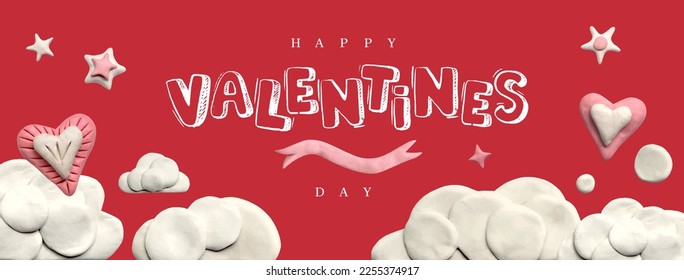 Poster or banner with clouds, stars and plasticine hearts on a red background. Promotion and shopping template or background for love and valentine's day concept. 3D illustration, cute dough shape.