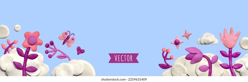 Poster or banner with clouds, stars and plasticine flowers on a blue background. Promotion and shopping template or background for love concept. 3D illustration, cute dough shape.