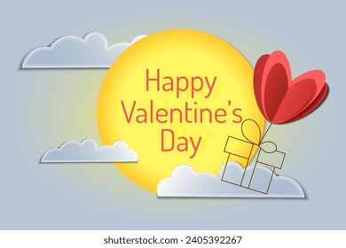 Poster or banner with clouds, sun and a gift in the sky in paper cut style. Happy Valentine's Day.Vector.