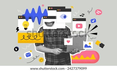 Poster banner collage of man blogger posting photo on Social Network account get many network reactions notification. Contemporary collage art. Vector illustration