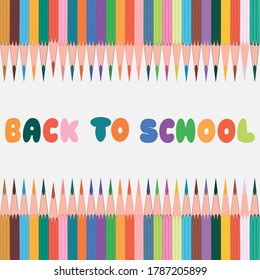 Poster, banner with colored pencils and colorful inscription back to school. Vector illustration.