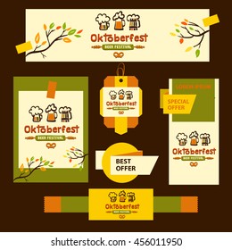 Poster, banner, corporate identity with autumn tree and logotype for oktoberfest. Illustration logo of invitation to october beer festival.