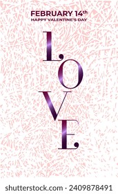 Cartel, pancarta, plantilla de diseño de portada para el Día de San Valentín o promoción de bodas. La palabra Amor está escrita verticalmente, una fuente con un gradiente. Fondo con textura