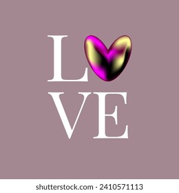 Poster, banner, cover design template for Valentine's Day or wedding promotion. The word Love is written in white serif font. Instead of the letter o there is a glass multi-colored heart. Purple backg
