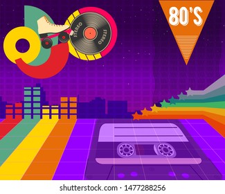 Poster, banner or cover, music, retro, 80s. Old style vector poster. Fashion background easy editable template for event.