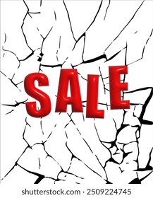 Poster or banner design with 3D red text Sale. Design on black and white cracked background
