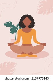 Poster, banner design with beautiful African American woman sitting and meditating in the lotus position. Meditation, healthy lifestyle and yoga. Vector illustration