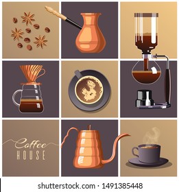 Poster or banner design for brew bar and coffee house. Pour-over, Turkish coffee, Syphon, Gooseneck kettle, coffee beans, star anise and cup of coffee. Vector illustration.