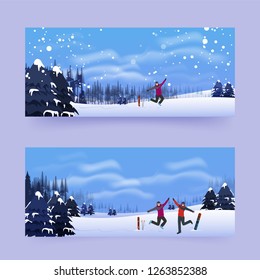 Poster or banner design with cartoon character of man having fun on winter landscape background, skating sport concept based design.