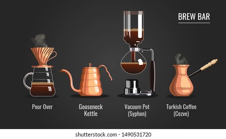 Poster or banner design for coffee brewing methods, brew bar, coffee shop and coffee makers. Pour-over, Turkish coffee, Syphon, Gooseneck kettle. Vector illustration.