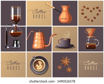 Poster or banner design for coffee house, brew bar. Pour-over, Turkish coffee, Syphon, Gooseneck kettle, coffee beans, star anise and cup of coffee. Vector illustration.