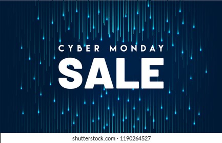 Poster or banner design for Cyber Monday Sale lettering on blue background with shiny digital rays.
