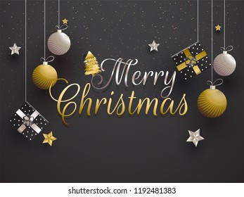 Poster or banner design decorated with hanging baubles, gift boxes and stars for Merry Christmas festival celebration.