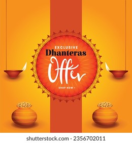 Poster Or Banner Design With Decorated Pot Filled With Gold Coins For Indian Festival Of Dhanters Celebration Offer Background