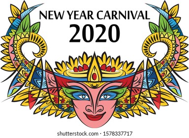 Poster or Banner Design for Fashion Carnival Event 2020. Carnival Title with Colorful Spectacular Costume Illustration. Fashion Show on the Street.