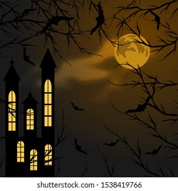 Poster for banner design. Halloween moon. Party invitation card template. Ghost character. Happy halloween greeting card. Black background. Scary face illustration. Seasonal banner