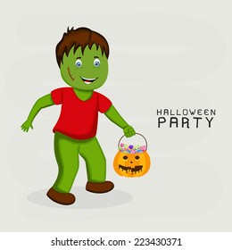 Poster or banner design for Halloween Party with scary boy holding a pumpkin with candy on grey background.