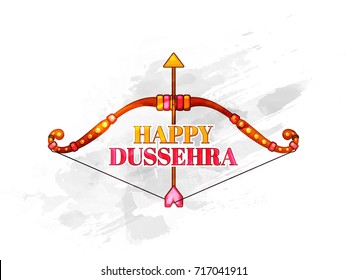 Poster or banner design for Happy Dussehra festival with illustration of decorated Bow-arrow.