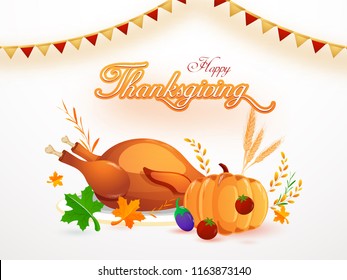 Poster or banner design with illustration of festival meal like chicken, pumpkin and grains on white background can be used as greeting card design.