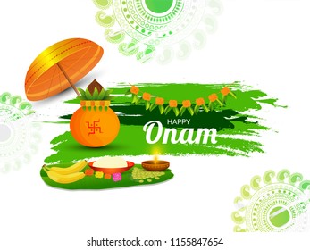 Poster or banner design for Onam festival with illustration of oil lamp and food on banana leaf, golden umbrella and worship pot on green brush stroke background decorated with floral mandala.