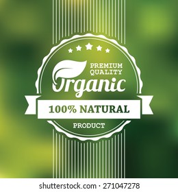 Poster or banner design for organic, natural product with white label on bright green blurred background