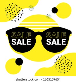 Poster or banner design template with yellow color with black glasses. Vector poster with text Sale. Banner summer for social media