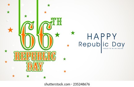 Poster or banner design with text 66th Republic Day and stars in national flag colors on grey background.
