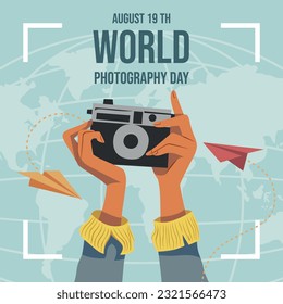 poster and banner design for world photography day. illustration of a hand holding a camera