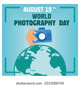 Poster and banner design for world photography day. Hand holding camera. flat vector modern illustration 