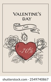 Poster, banner, discount, sale for valentines day. In the style of engraving, sketch. Vector
