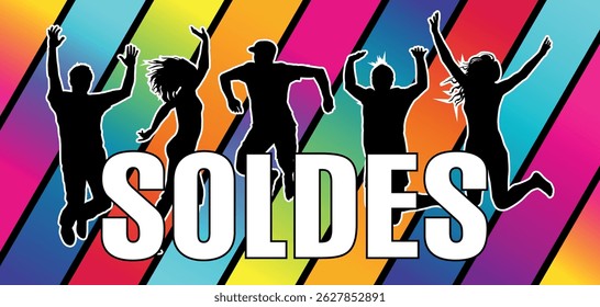Poster or banner to dynamically announce sales with silhouettes of characters jumping for joy.