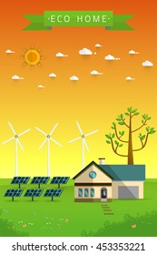 Poster and banner of eco friendly home - solar energy,wind energy,Green energy,urban landscape,Vector concept illustration.
