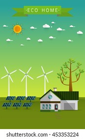 Poster and banner of eco friendly house - solar energy,wind energy,Green energy,urban landscape,Vector concept illustration.